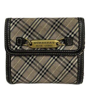 Burberry Blue Label Beige Dark Brown Multi Cotton Leather Bifold Wallet